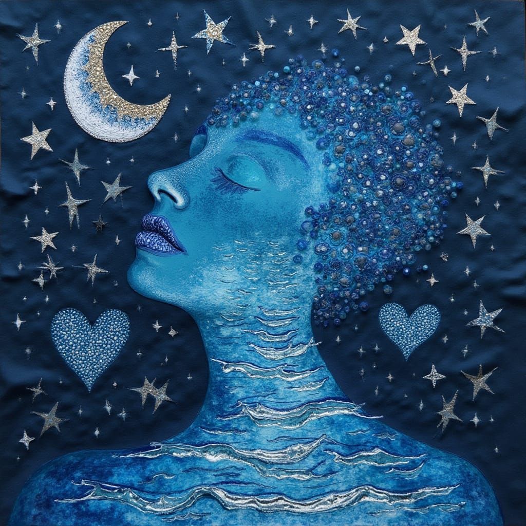 Ethereal Silk Face Silhouette with Indigo Stars