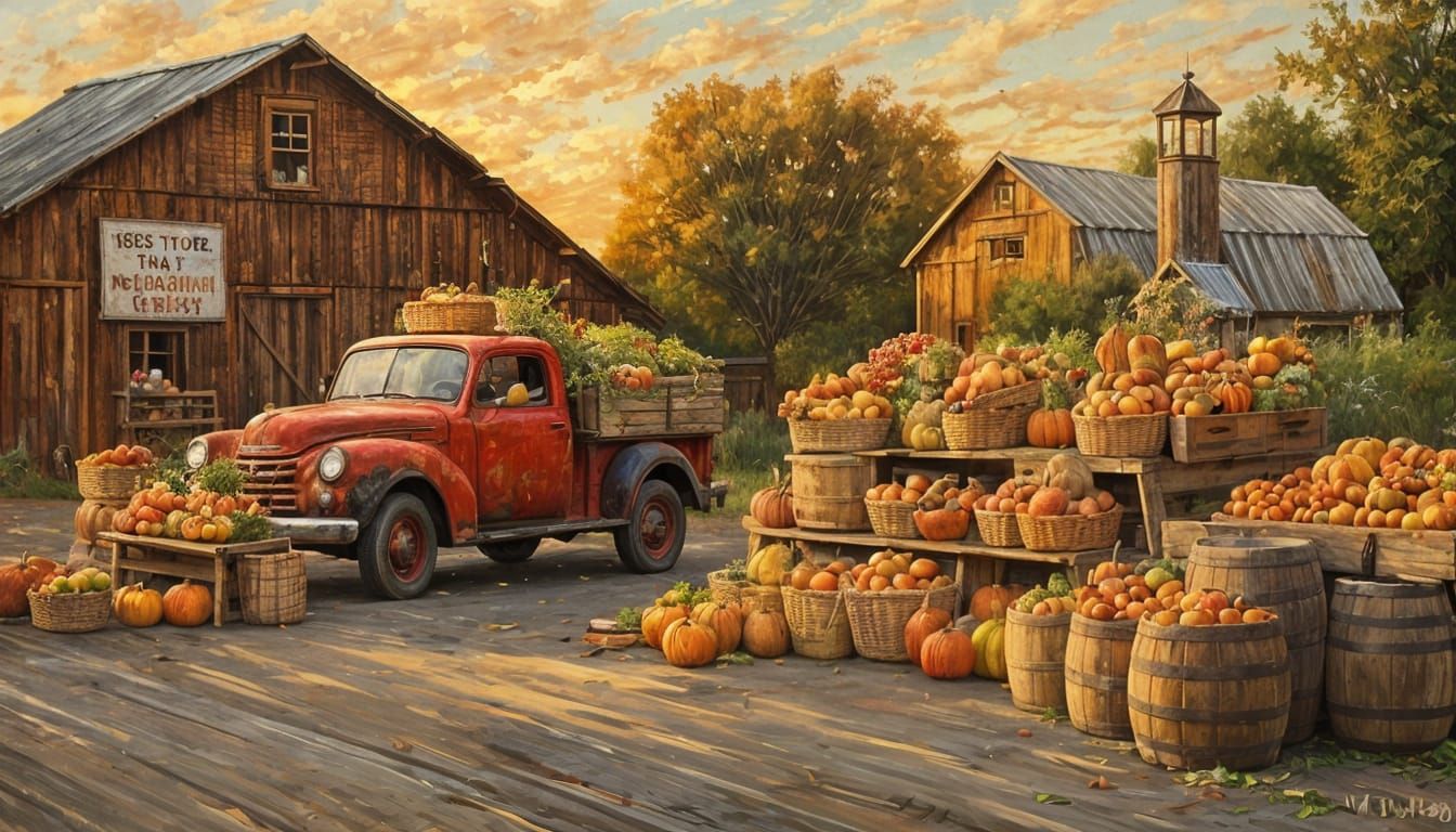 Rustic Oil Painting Style
A roadside farmstand at golden hour, piled high with baskets of apples, pumpkins, ...  by @Hit moments