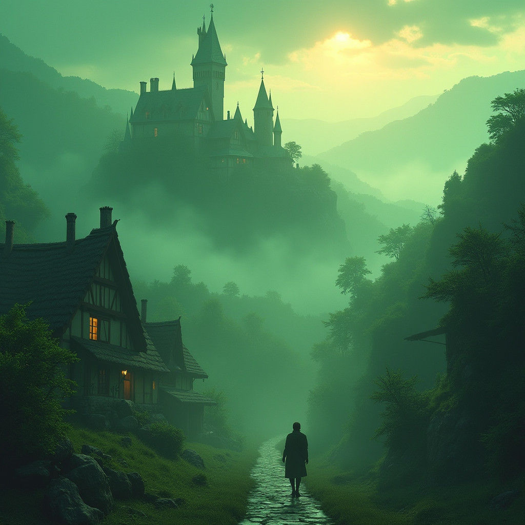 Green hills, a cozy village, and a towering castle.
