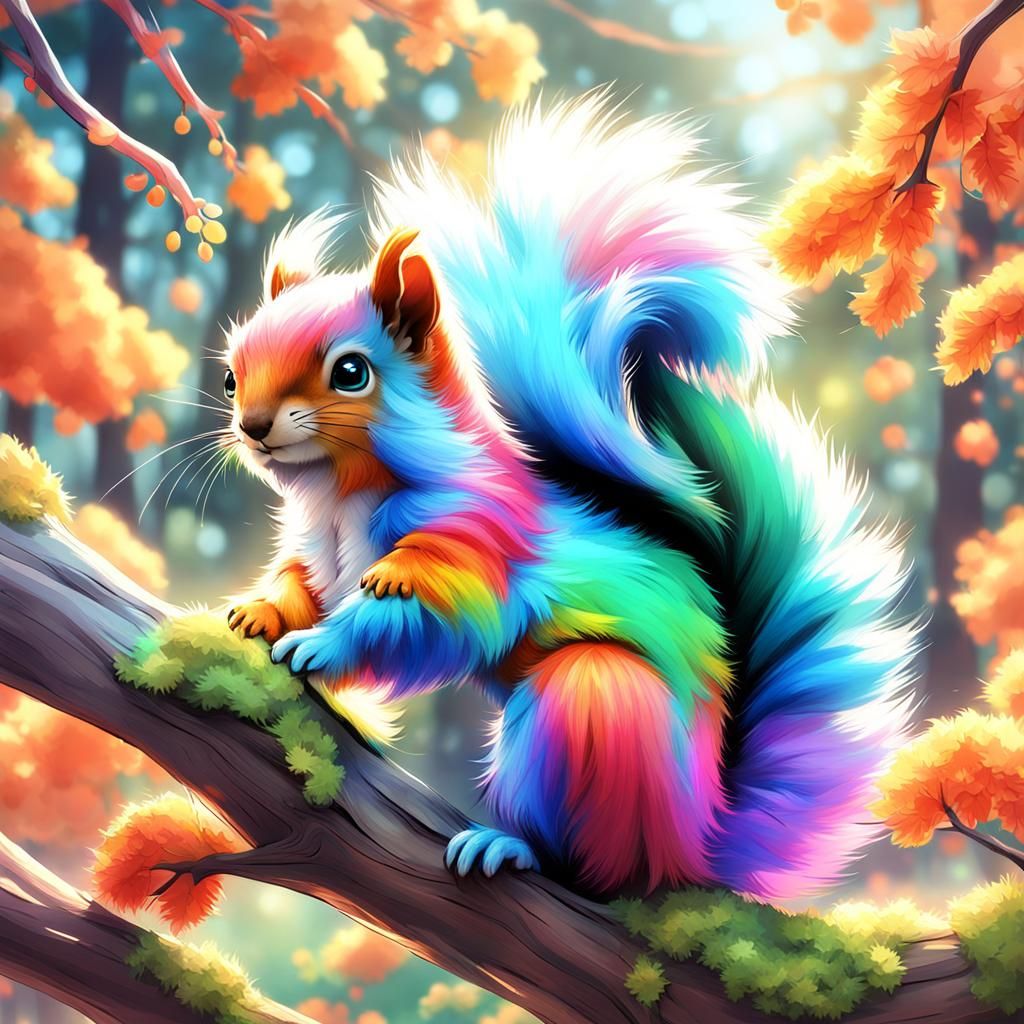 3 cute colorful fluffy squirrel sitting on a branch.