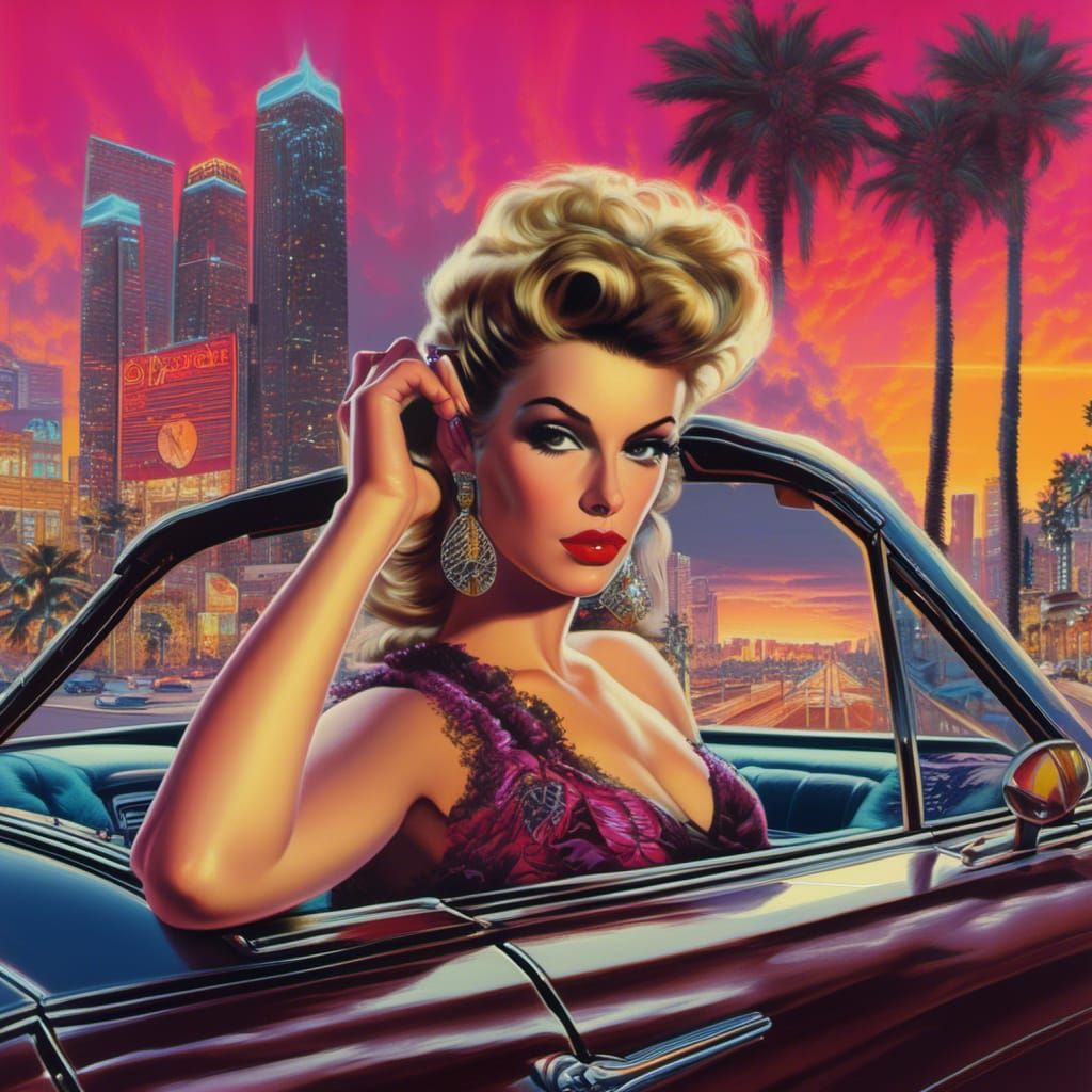 highly detailed INTRICATE young woman 80S rocker BY GIL ELVGREN AND CANALETTO, on 1980S CAR, CITY SUNSET scenery<lora:80s RetroWave:1.0> hyp...