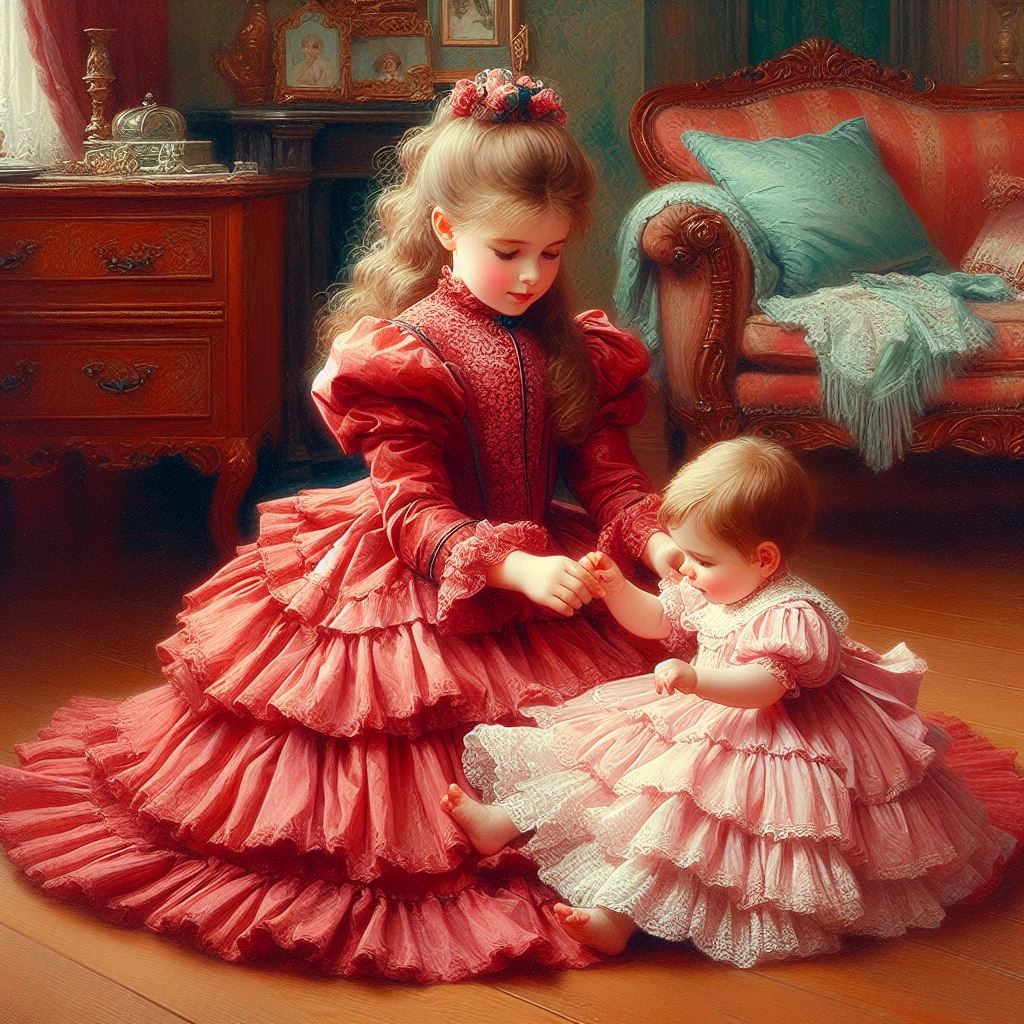 A Little Victorian Girl Playing with Her Baby Brother