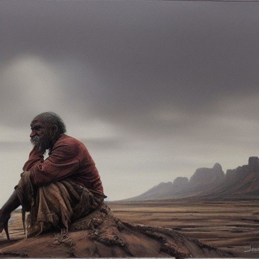 a lonely man in a post-apocalyptic world, seeking shelter, s...