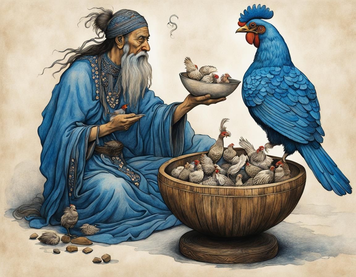 Shaman throwing chicken bones into a wooden bowl