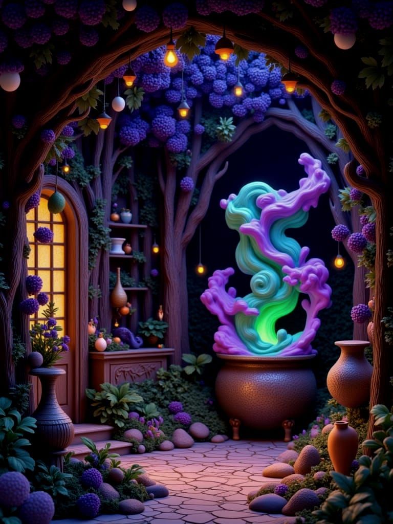 3d set design of witch's cottage interior and a cauldron of bubbling potion <lora:3-depressional:1.0> green and magenta cool colors deep col...