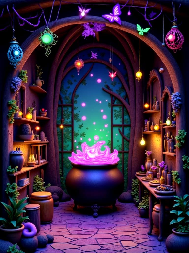3d set design of witch's cottage interior and a cauldron of bubbling potion <lora:3-depressional:1.0> green and magenta cool colors deep col...