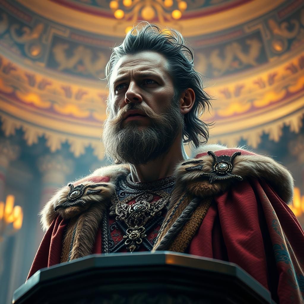 Hyperrealistic King on Pedestal in Grand Hall