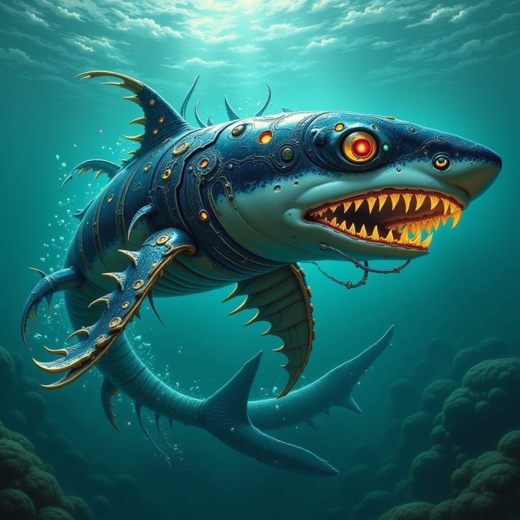 A majestic shark, its powerful body undulating through the water, embodies the concept of Mano: Strength, in a style reminiscent of Syd Mead...