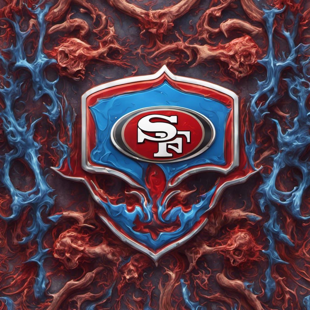 49ers logo wreathed in blue and red flames with bones