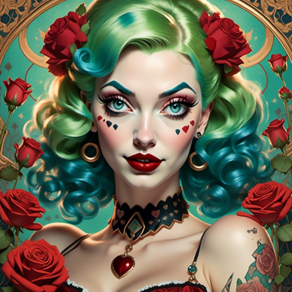 Closeup portrait of Harley Quinn <lora:UrStyle v2:1.0> , intensely gazing directly into the viewer's eyes, surrounded by intricate, swirling...