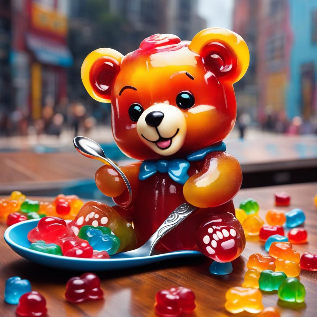 Whimsical chibi teddy bear made of Jelly Gummi bear on a table a happy young woman with a spoon looking ...  by @HarrietM