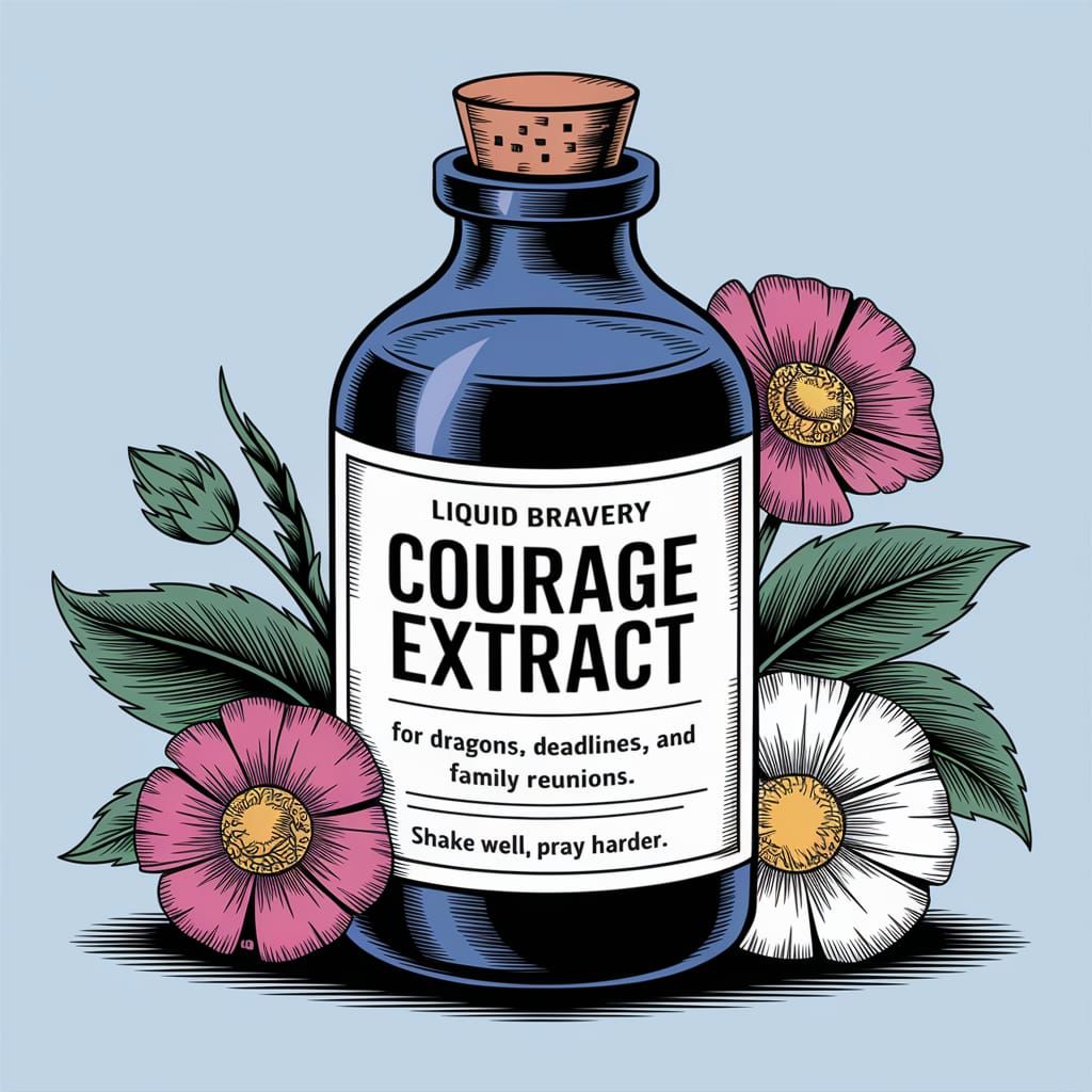 Courage Extract (Liquid Bravery)
“For dragons, deadlines, and family reunions."
"Shake well, pray harder.” ...  by @NewAgerJul