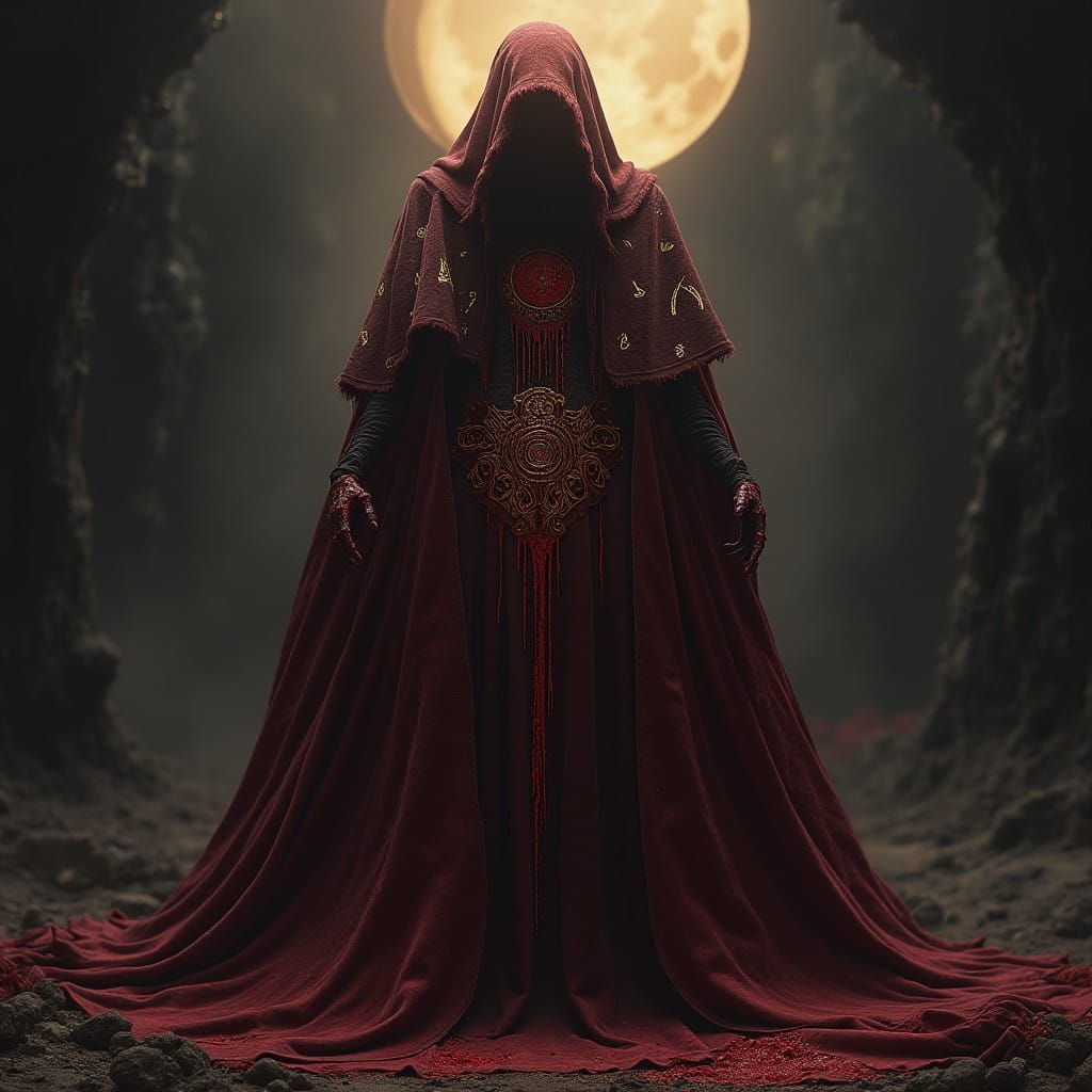 Regal Menace: Crimson Moon Sentinel in Dark, Gritty Realism