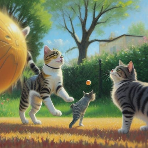 Cats Playing Ball in Impressionist Style