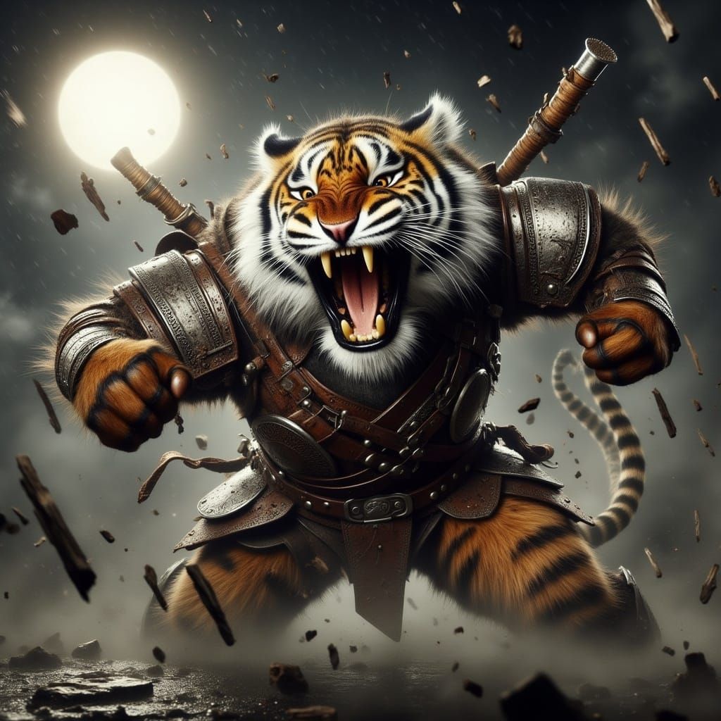  <lora:Battle Animals Flux:1.0> Anthropomorphic Battle Animal Tiger
