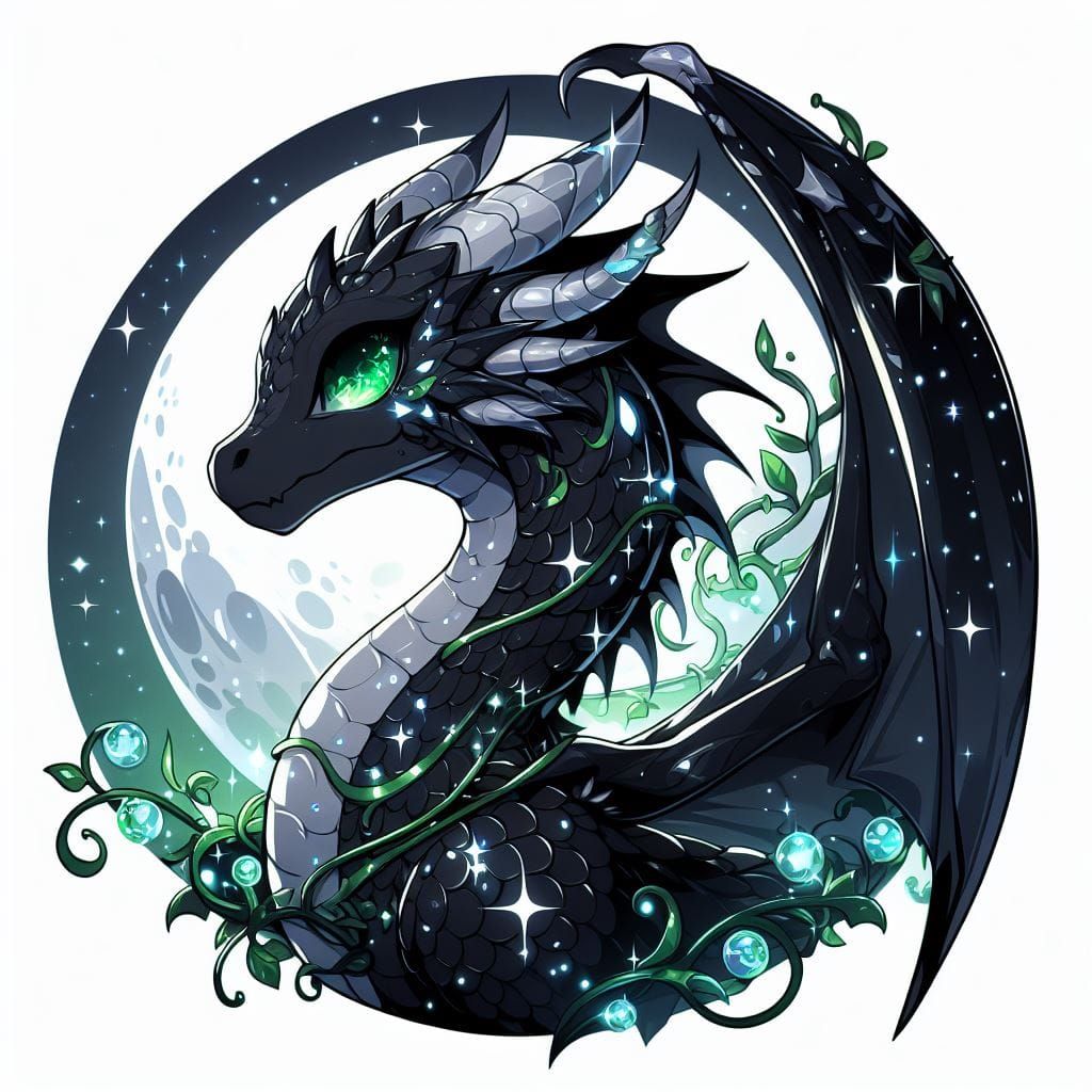 black and green star vine dragon with moon background