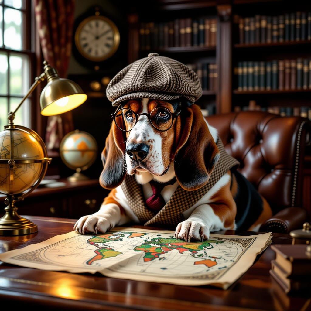 A distinguished Basset Hound wearing a tweed deerstalker cap and spectacles, intently examining a large, ...  by @BatSimon