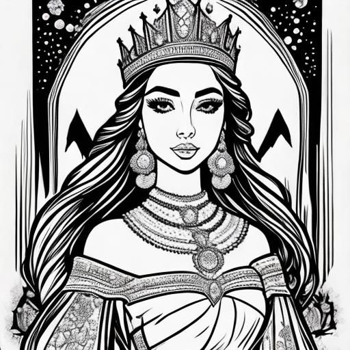 <lora:Coloring-Page sd15:1.0> The princess, Coloring book, line art, 16k resolution black_ink vector graphic clean lines flat white, black-a...