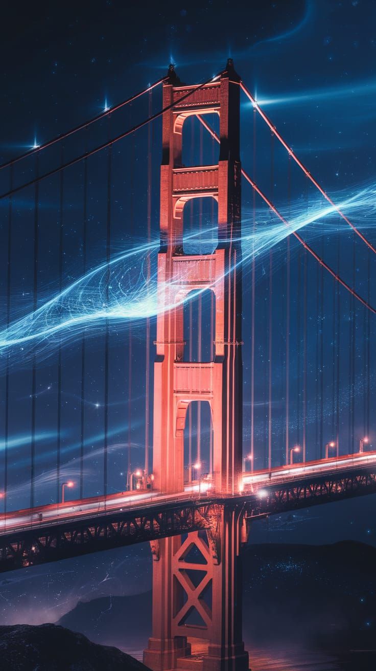 Subtle animation of the glowing seismic wave across the Golden Gate Bridge at night. The ((light wave flows smoothly from left to right)), g...