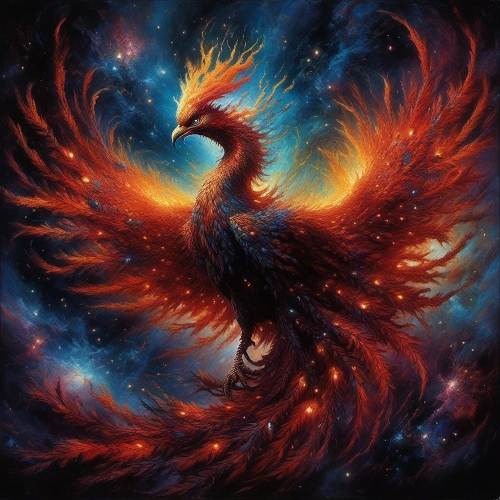 <lora:Laniakea:1.0>  a hyperrealistic portrait of a phoenix, open wings, in the style of Simon Bisley with a sinister mood and a more sinist...