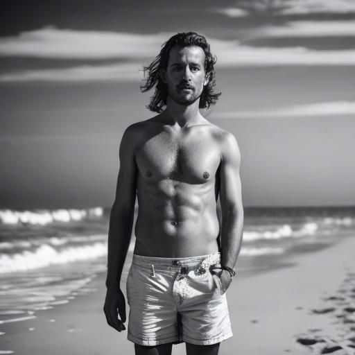  <lora:Obscura:1.0> Black and white portrait of a person in the beach
