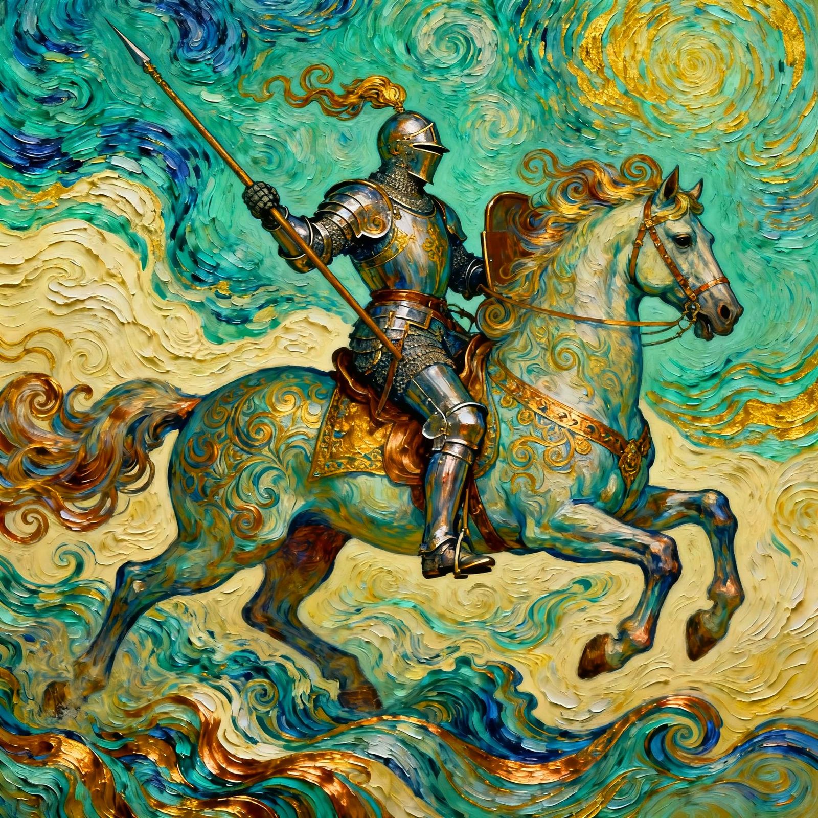 Knight on Horseback in Swirling Fluid Art Style