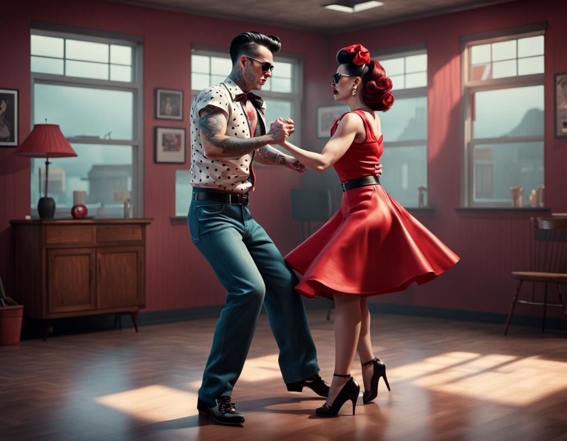 Rockabilly couple dancing 3D shading 8k resolution concept a...