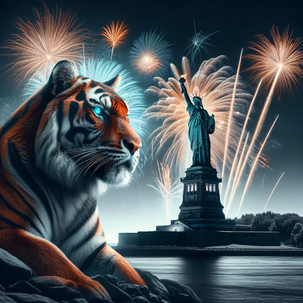Tiger Roars Under Fireworks Near Lady Liberty