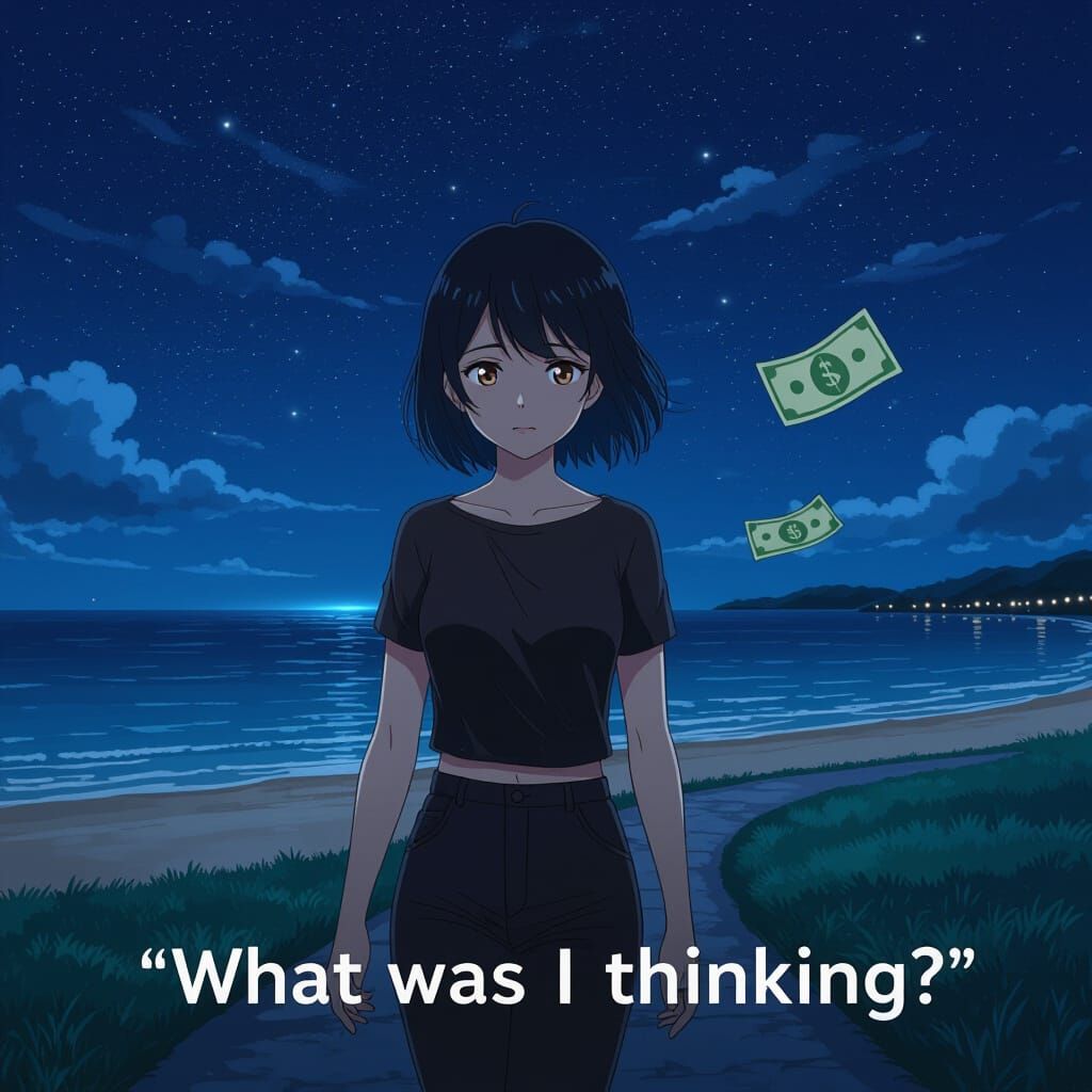 Anime Woman Walks on Beach at Night Under Stars