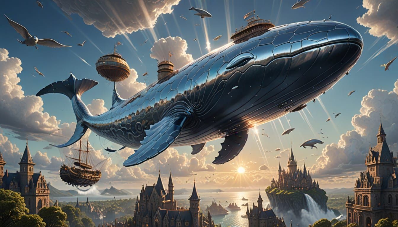 A giant chrome whale with chrome color wings soars through the sky. The giant chrome whale's massive ...  by @Sai_B_Inu