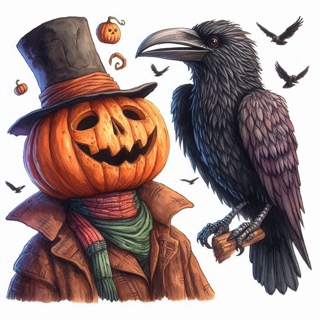 Merv the pumpkinhead and Raven Matthew from Neil Gaiman stories in watercolor style