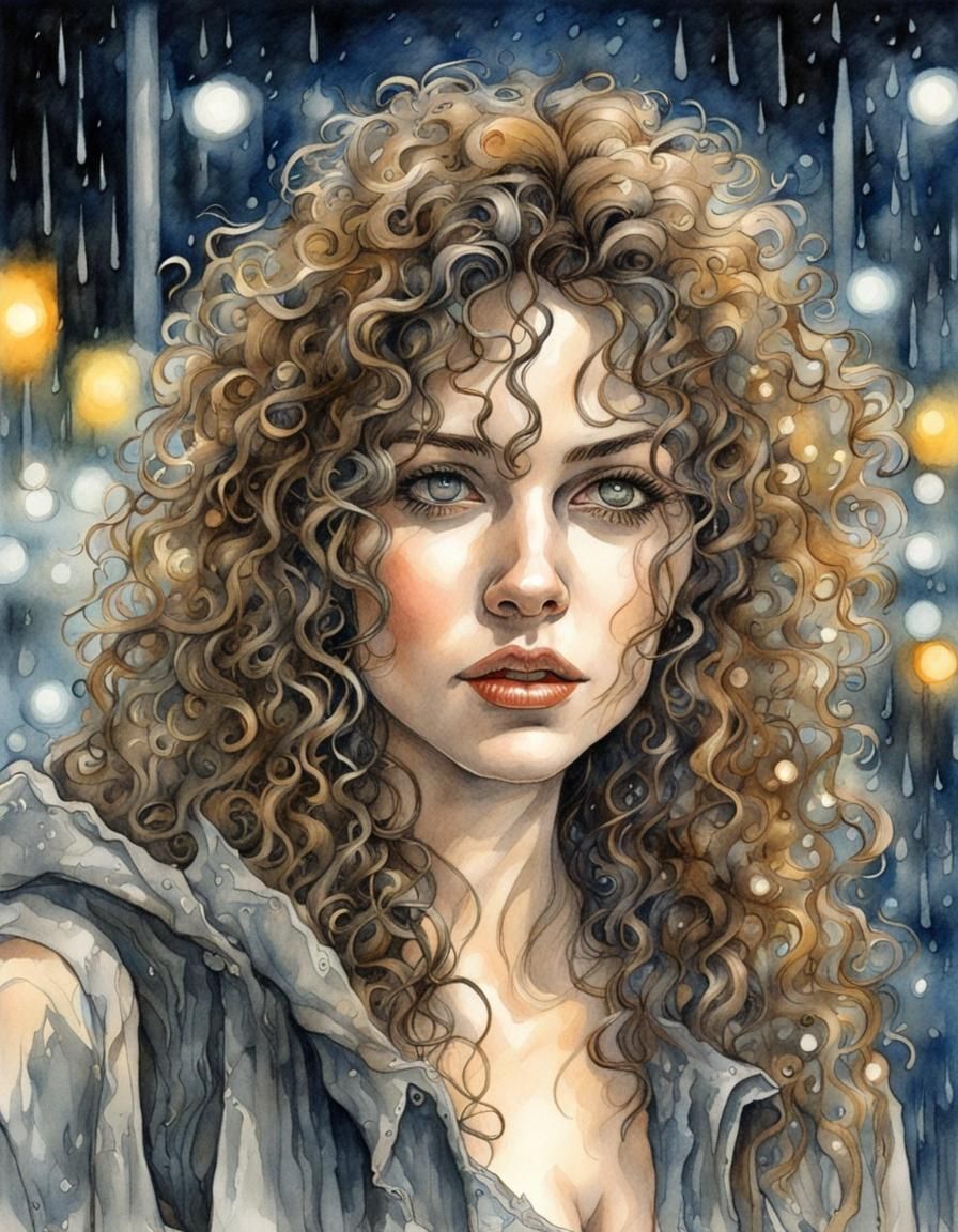 Portrait of a beautiful woman with long curly and messy hair...