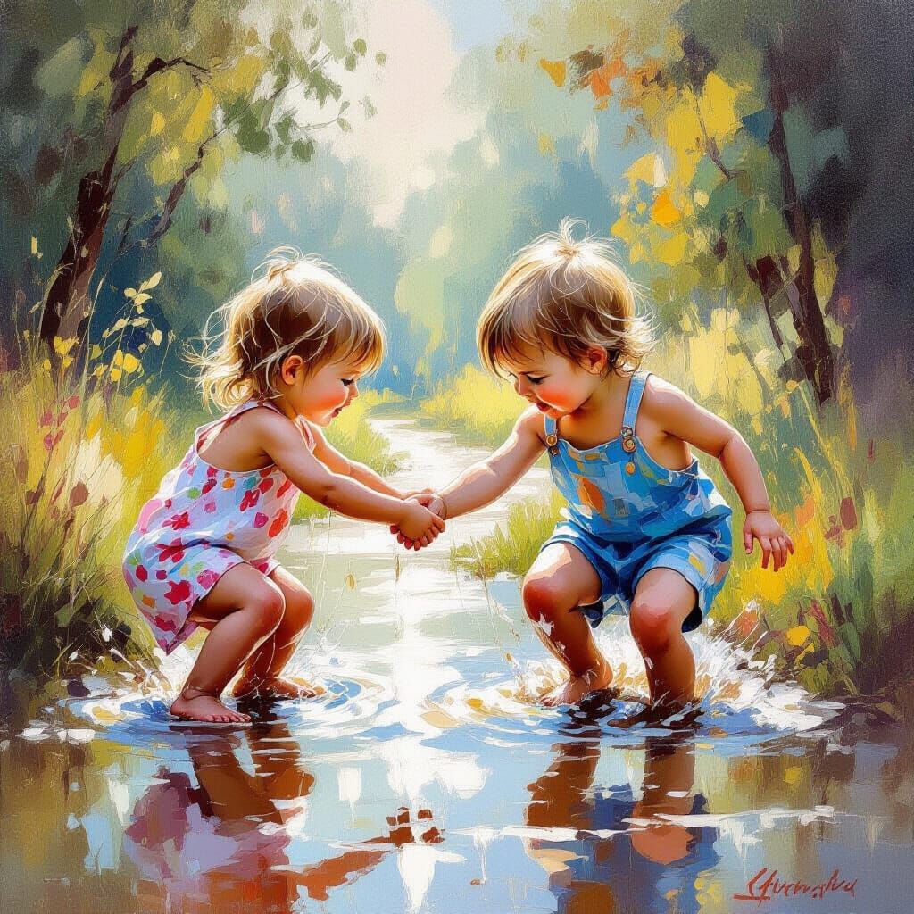 an image in leonid afremov style of two beautiful toddlers helping each other out of a muddy puddle on a rainy sunny day 