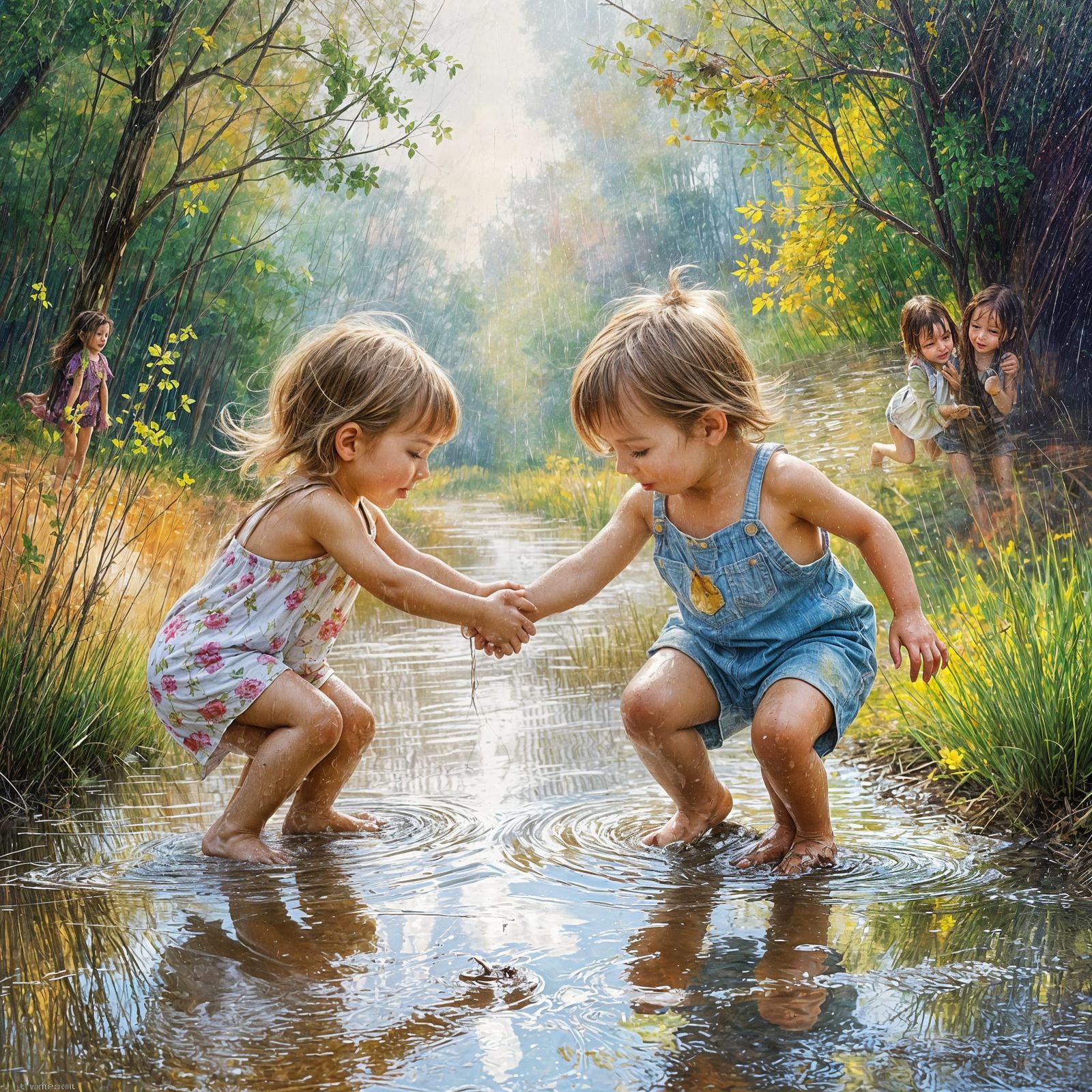 an image in leonid afremov style of two beautiful toddlers helping each other out of a muddy puddle on ...  by @undefined