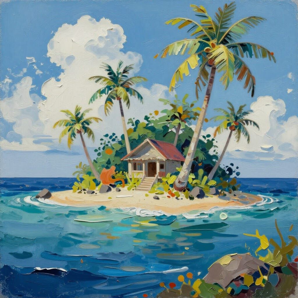 tropical, island, surreal, gouache, impasto  by @g r r c