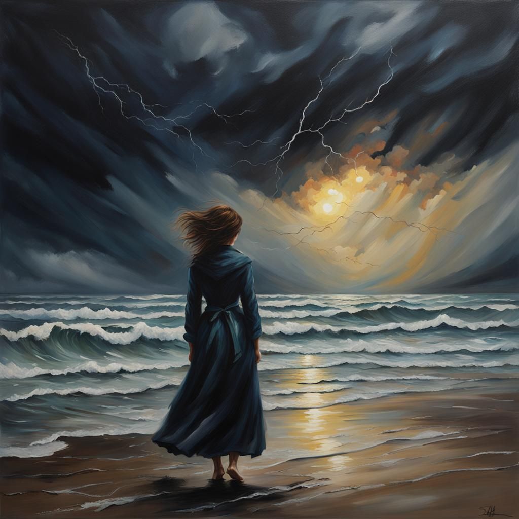 Love lost forever, storm, beach, woman alone, oil painting, dark colors, 8k, HD, high resolution