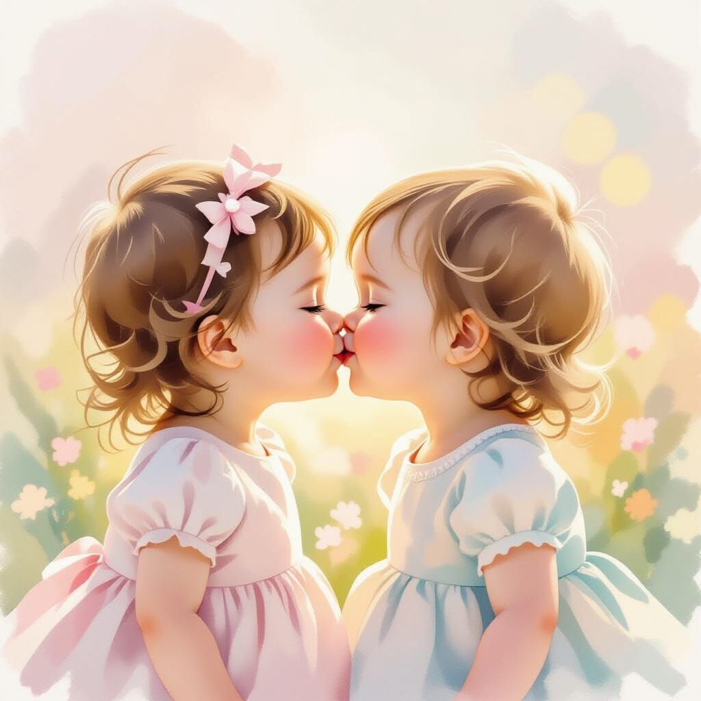 Two Baby Girls Kissing in Dreamy Watercolor Style