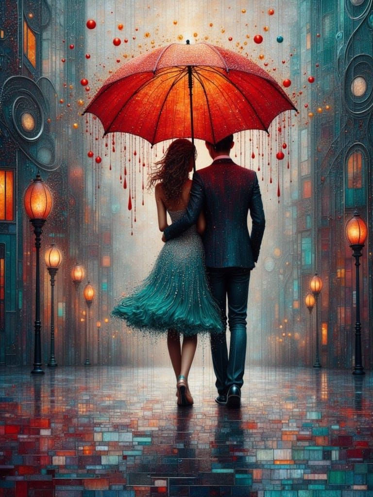 a couple walking on a street on a rainy under a red umbrella", a very intricate and hyper-detailed oil painting by Daniel F Gerhartz, Clint ...