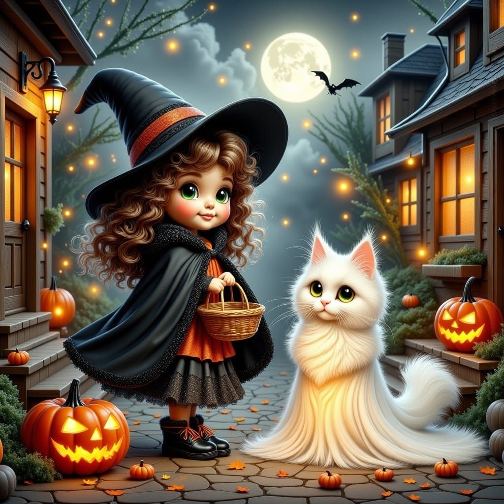 <lora:Witch Skeleton Ghost:1.0>Cute toddler girl dressed as a witch, with her white Long-haired cat dressed as a Ghost, in a Trick or Treati...