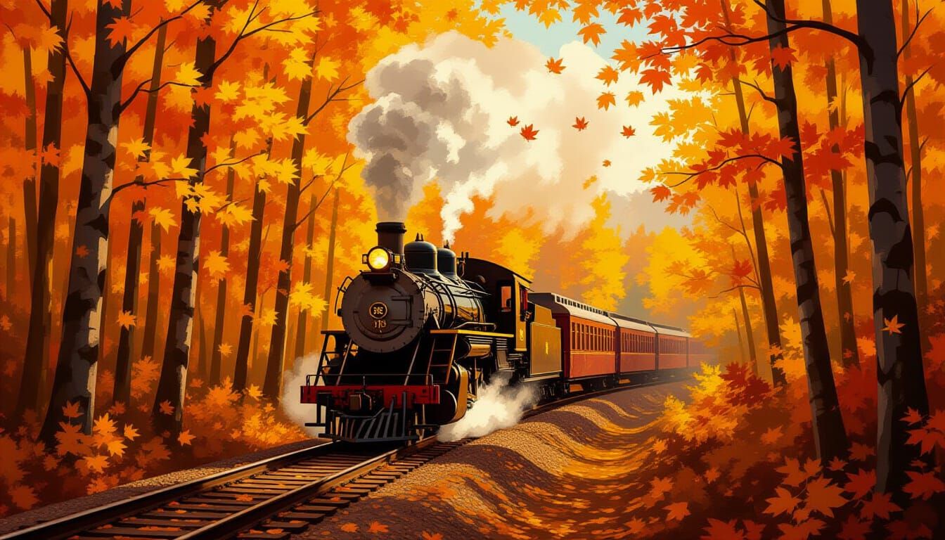 A train winding through a golden maple trees forest with falling leaves (04)