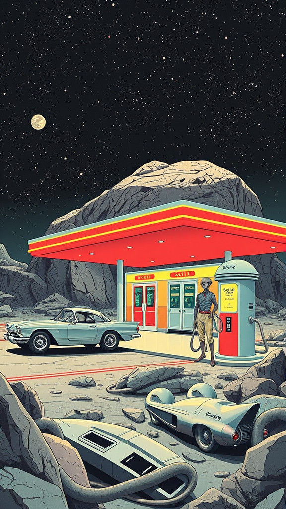 Gas station on an asteroid in space