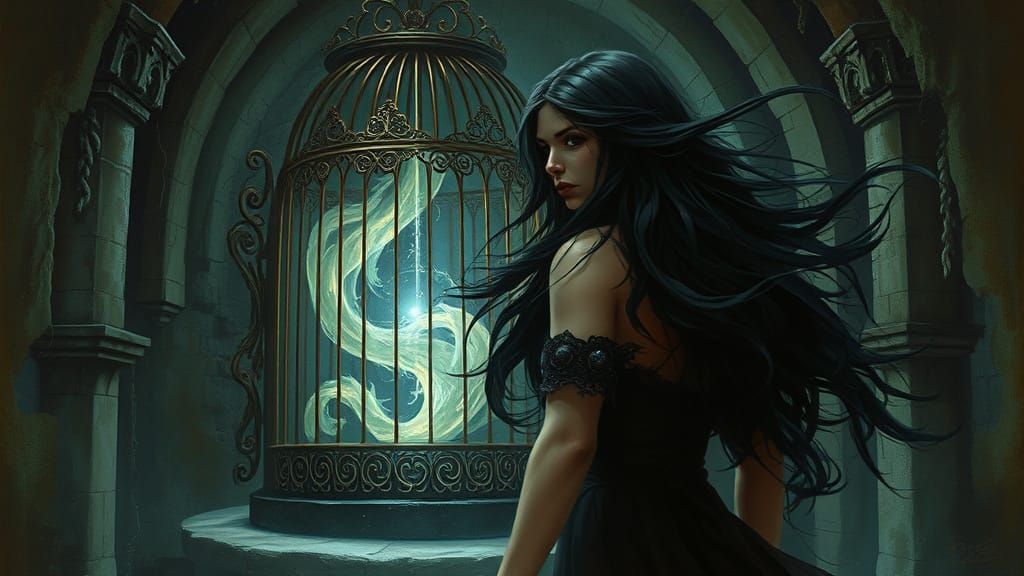 A mystical woman stands before an ornate, ancient cage
