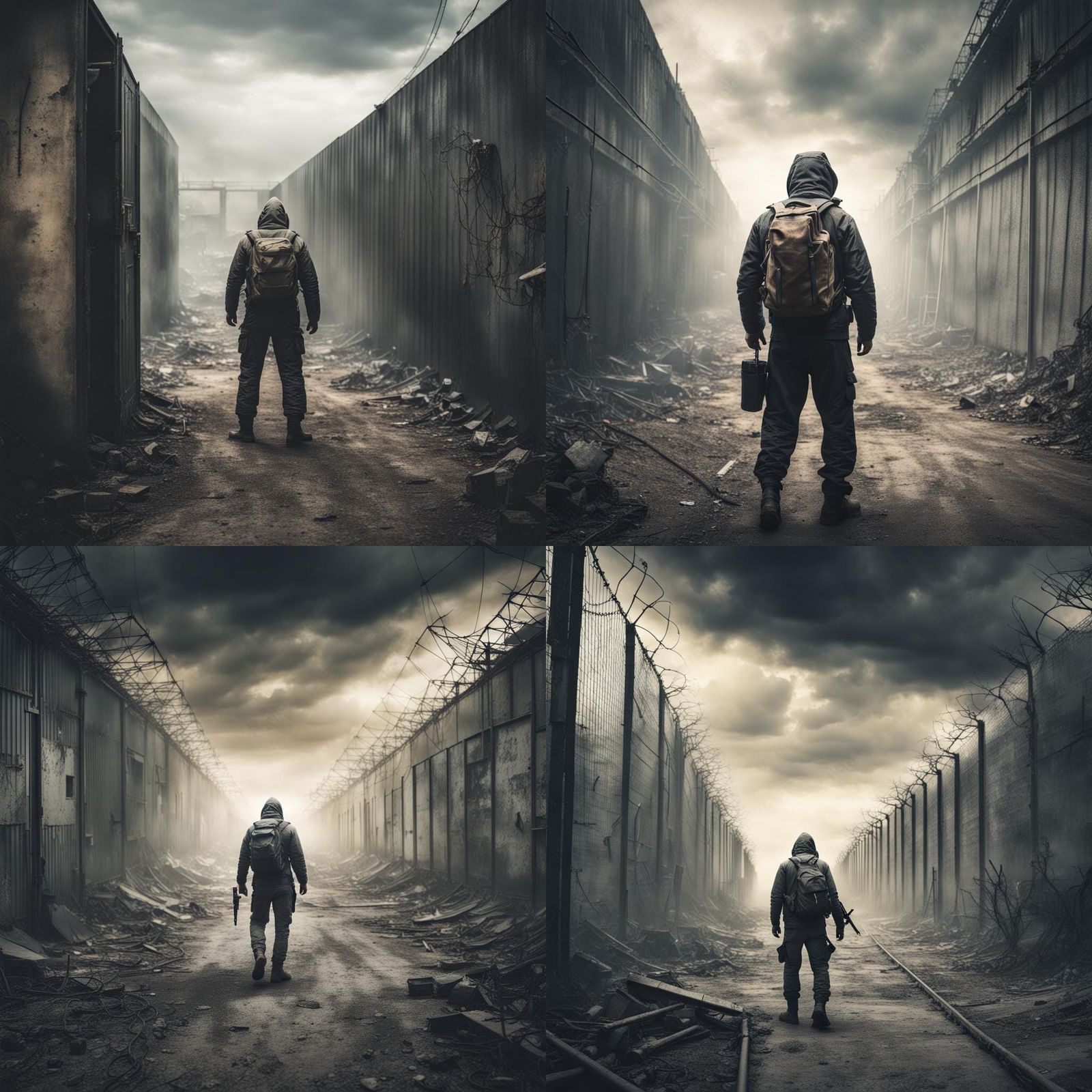 man entering a dangerous exclusion zone in an apocalyptic at...