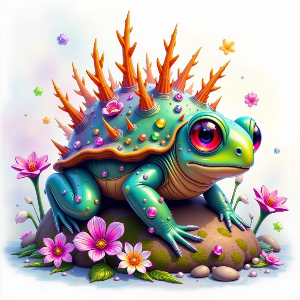 Watercolor on white background. A baby frog-tortoise with coral spines emerges from a mossy background. Whimsical, pastel colors, soft light...