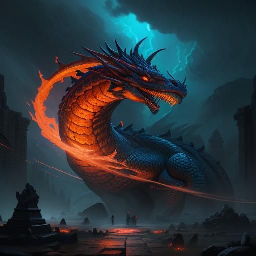 Massive Serpent Dragon in Ancient Temple Storm