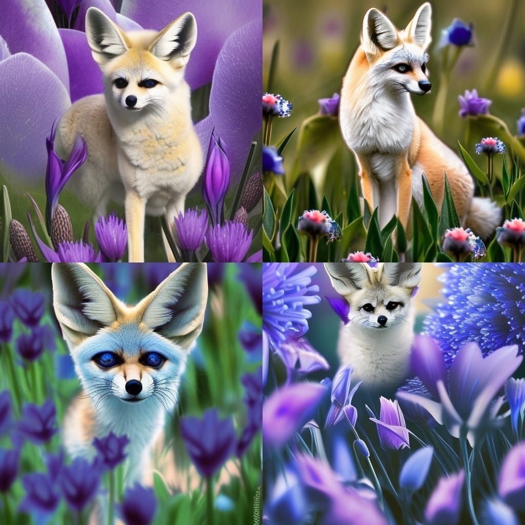 lapis blue glass Fennec Fox in field of black dahlia flowers...