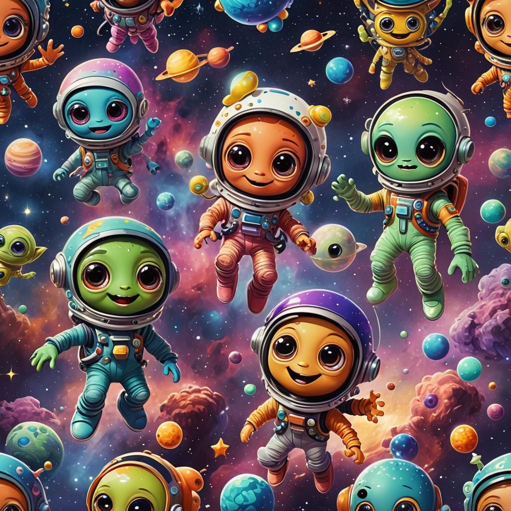 A group of four diverse cartoon aliens(3-4) wearing colorful...