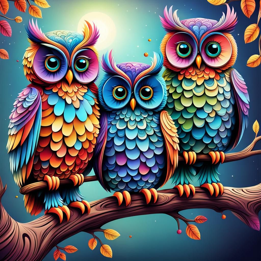 exaggerated whimsical  3 cute colorful fluffy owls sitting o...