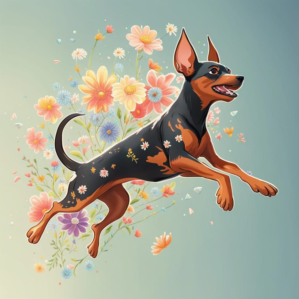 Two small happy pinscher (anatomically correct) jumping, wit...