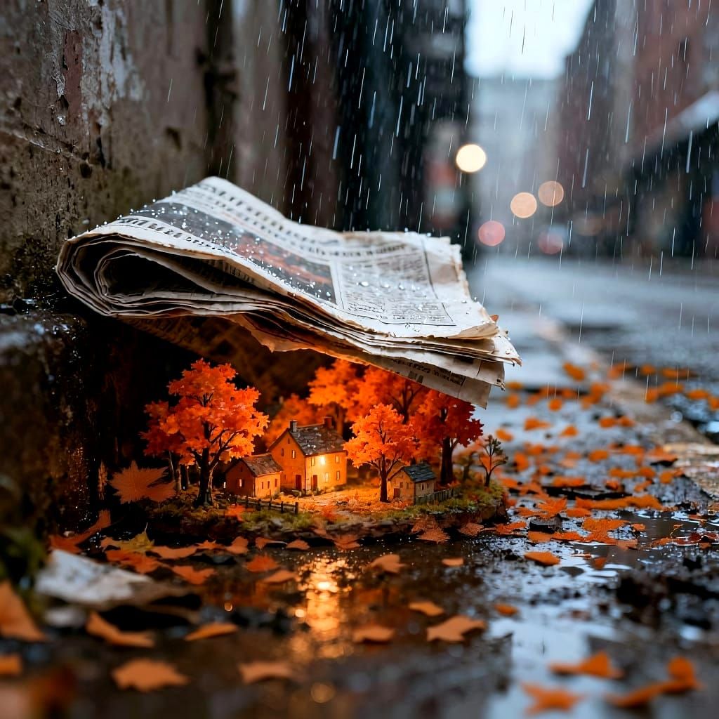 A fall village hides beneath the pages of the newspaper  by @Fisher